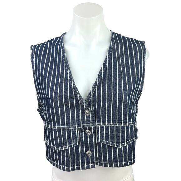 Shein Women's Blue V-Neck Striped Denim Jean Sleeveless Pinstripe Vest Jacket M - Picture 1 of 4